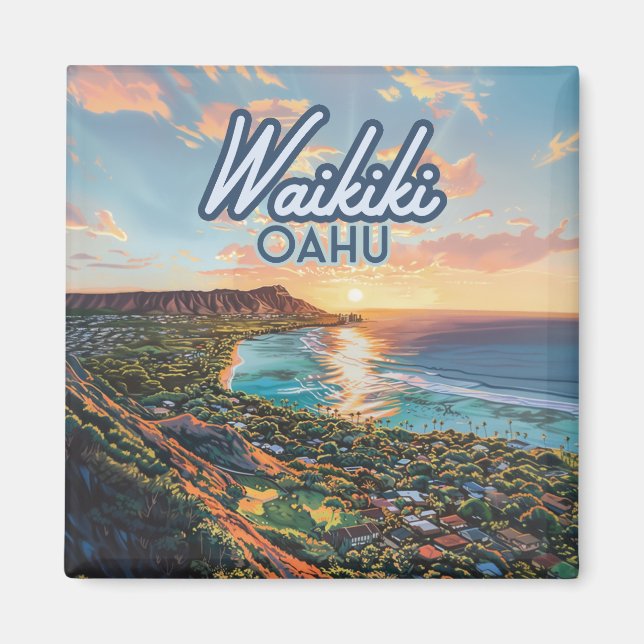 Waikiki Beach Honolulu Oahu Hawaii Retro Magnet (Framsidan)