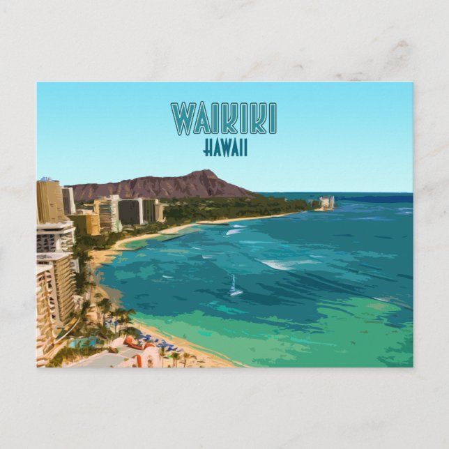 Waikiki Beach Honolulu Oahu Hawaii Vintage Vykort (Framsida)