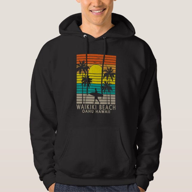 Waikiki Beach Oahu Hawaii Surfer Palm Tree Surfing Hoodie (Framsida)