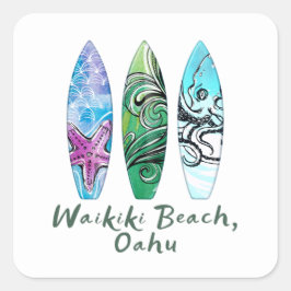 Waikiki Beach Oahu Watercolor Surfboard Fyrkantigt Klistermärke