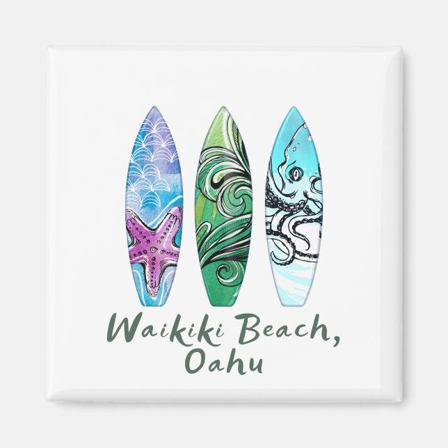 Waikiki Beach Oahu Watercolor Surfboard Magnet (Framsidan)