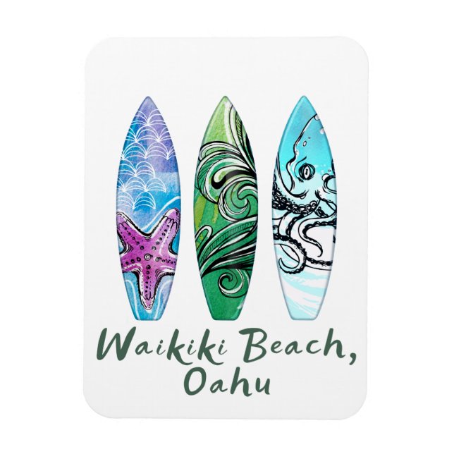 Waikiki Beach Oahu Watercolor Surfboard Magnet (Vertikal)