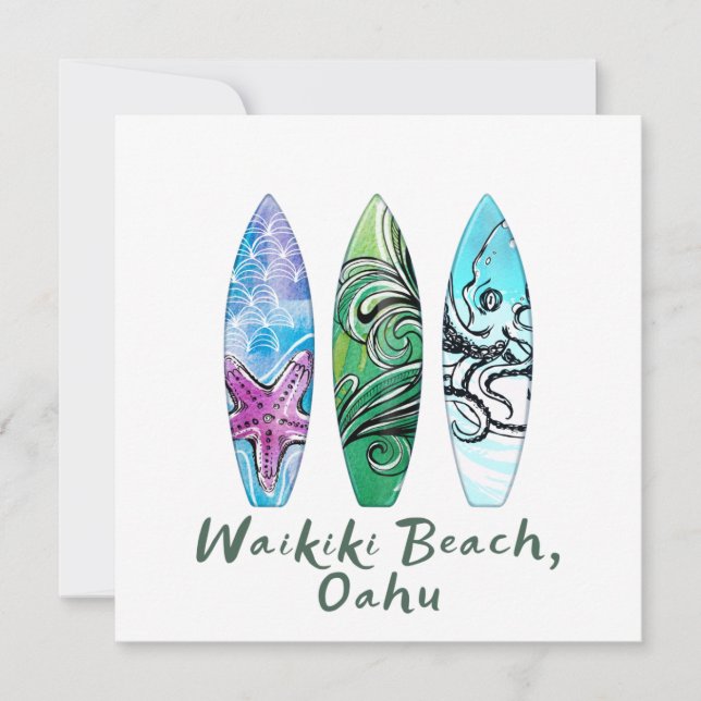 Waikiki Beach Oahu Watercolor Surfboard Square (Framsida)