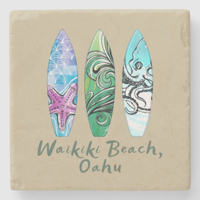 Waikiki Beach Oahu Watercolor Surfboard Stenunderlägg (Framsidan)