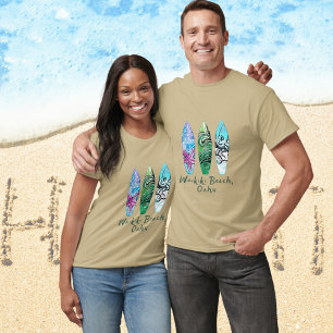 Waikiki Beach Oahu Watercolor Surfboard T Shirt