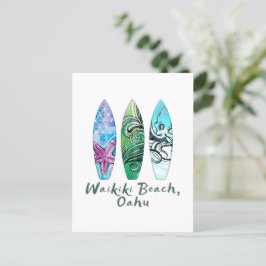 Waikiki Beach Oahu Watercolor Surfboard Vykort
