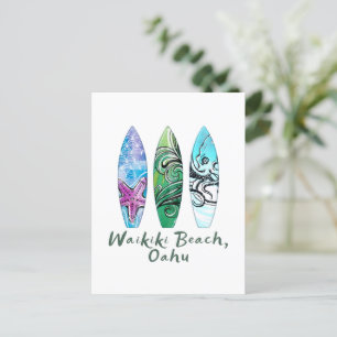 Waikiki Beach Oahu Watercolor Surfboard Vykort