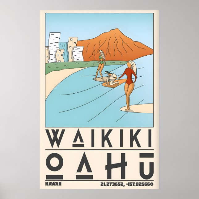 Waikīkī Beach Print Surf och strand scen Poster (Framsidan)