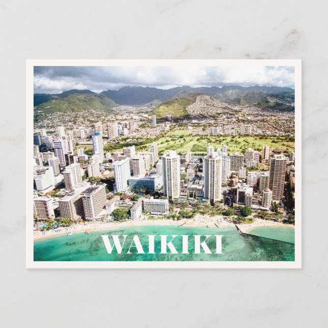 Waikiki Flygfoto Downtown Hawaii Strand Vykort (Framsida)