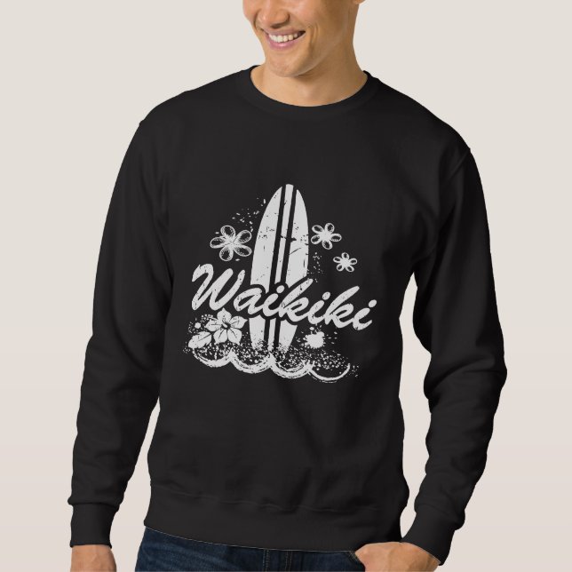 Waikiki Hawaii-strand med surfbräda Distressed Lång Ärmad Tröja (Framsida)