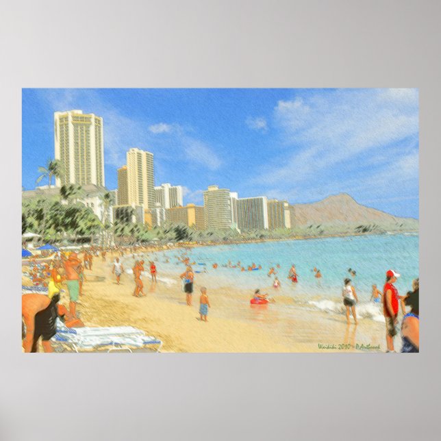 Waikiki Honolulu Hawaii - Utskrift av finkonst Poster (Framsidan)