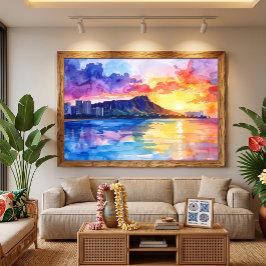 Waikiki Sunrise Diamond Head Akvarell Hawaii Canvastryck