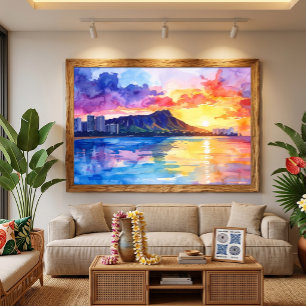 Waikiki Sunrise Diamond Head Akvarell Hawaii Canvastryck
