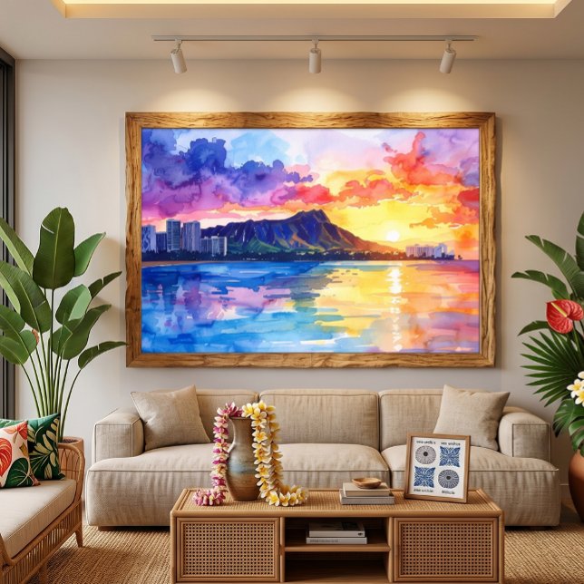 Waikiki Sunrise Diamond Head Akvarell Hawaii Canvastryck (Skapare uppladdad)