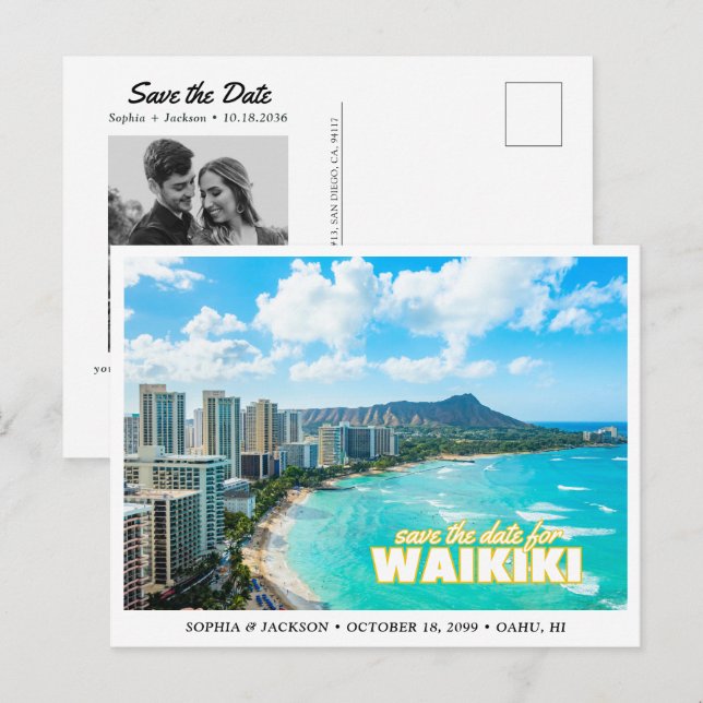 Waikiki Wedding Save the Date Skyline Postcard Vykort (Fram/baksida)