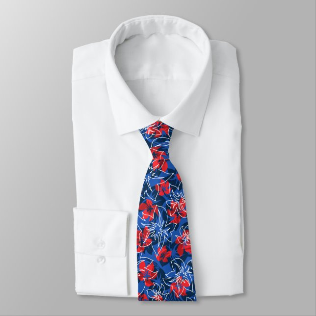 Wailea Hibiscus Hawaiianskt Blommönster Tryckt på  Slips (Bunden)