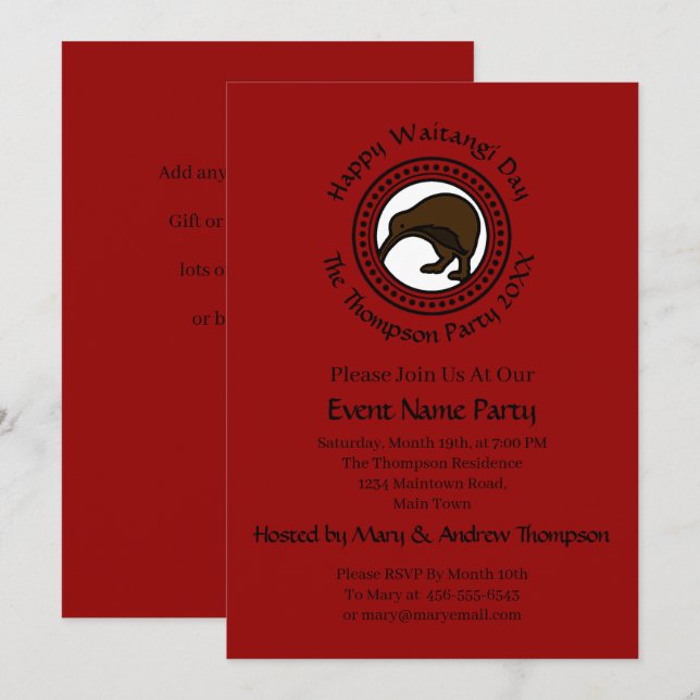 Waitangi-dagen kan redigera texten i Nya Zeeland Inbjudningar (Fram/baksida)