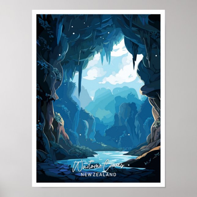 Waitomo Caves New Zealand Travel illustration Poster (Framsidan)