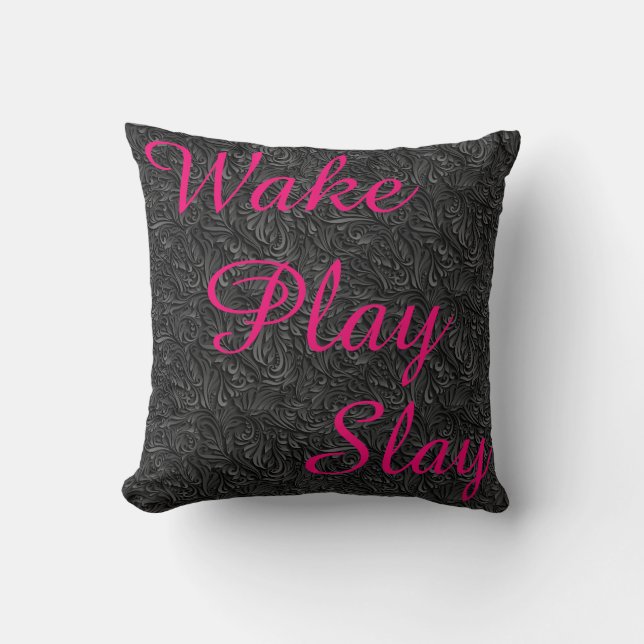 Wake Play Slay White Black and Rosa REVERSABLE Kudde (Framsida)