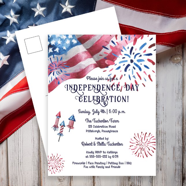Waking Flagga Fireworks Independence day Firande Helg Vykort (Waving Flag Fireworks Independence Day Celebration Holiday Postcard Invitation)