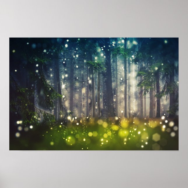 Wald, Bäume auf Waldlichtung, Dämmerung Poster (Framsidan)