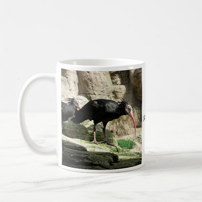 Waldrapp ibis svart befjädrad fågelmugg kaffemugg (Vänster)