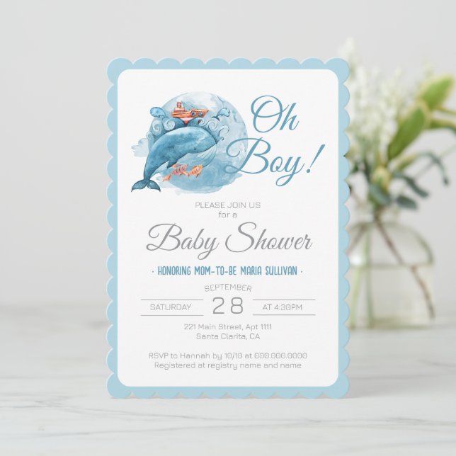 Wale Watercolor Oh Boy Baby Shower Inbjudningar (Stående Fram)
