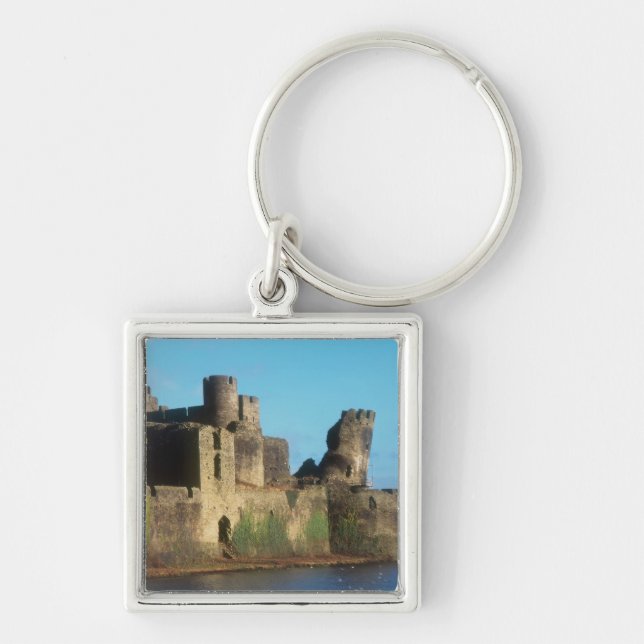 Wales - Caerphilly slott, med utsikt över Fyrkantig Silverfärgad Nyckelring (Framsidan)