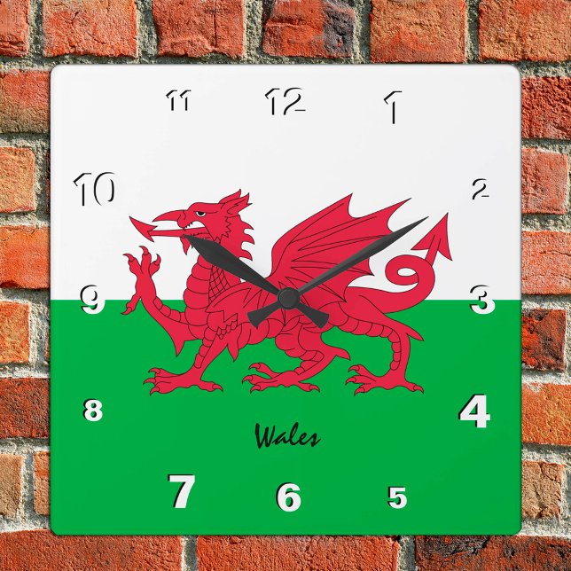 Wales Clock, patriotiskt hem, Welsh Flagga Fyrkantig Klocka (Skapare uppladdad)