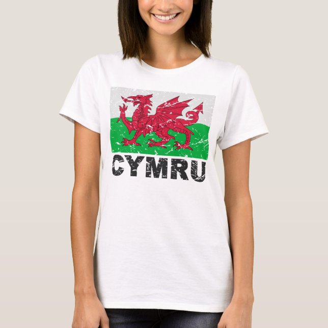 Wales CYMRU Vintage Flagga T-shirt (Framsida)