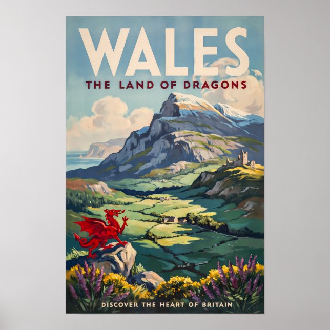 Wales Drak Illustration Resa Konst Vintage Poster (Framsidan)