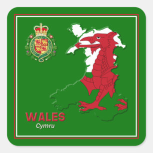 Wales Flagga Karta & Royal Badge Fyrkantigt Klistermärke