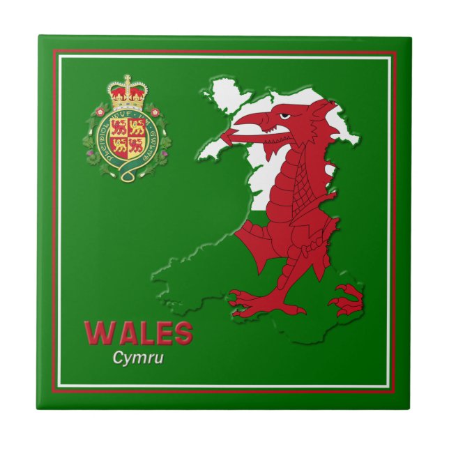 Wales Flagga Karta & Royal Badge Kakelplatta (Framsidan)