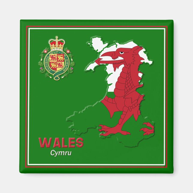 Wales Flagga Karta & Royal Badge Magnet (Framsidan)