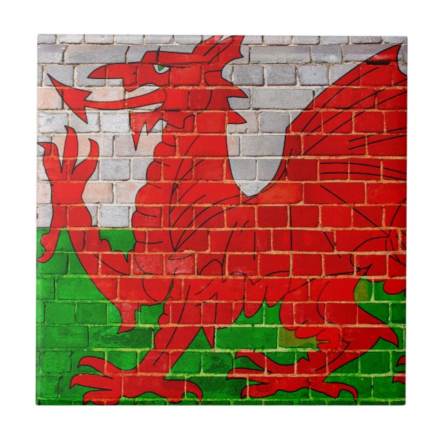 Wales flagga på en tegelstenvägg kakelplatta (Framsidan)