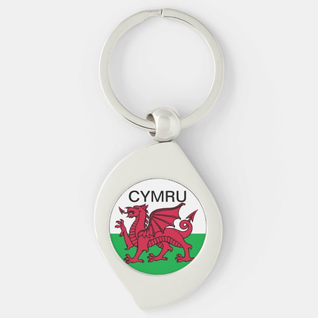 Wales Flagga Vm 2022 Red draon Cymru Swirl Silverfärgad Nyckelring (Framsidan)