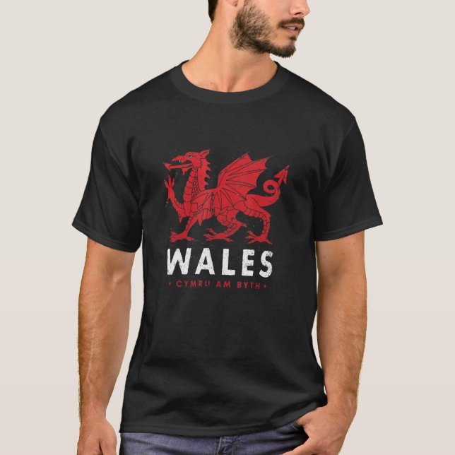 Wales Flagga Welsh Dragon Baner Cymru am Byth Wels T Shirt (Framsida)