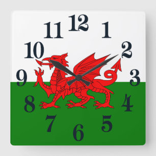 Wales flagga Welsh red draon Fyrkantig Klocka