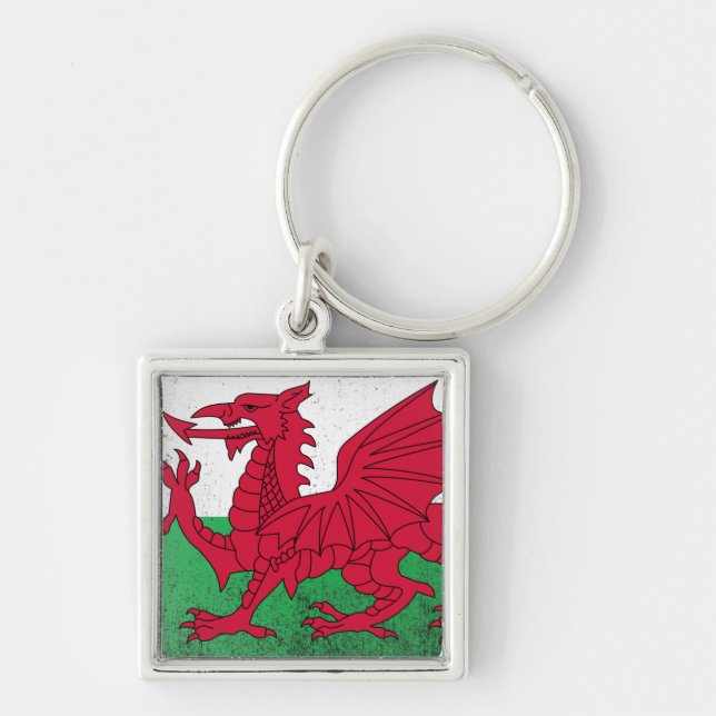 Wales Fyrkantig Silverfärgad Nyckelring (Framsidan)