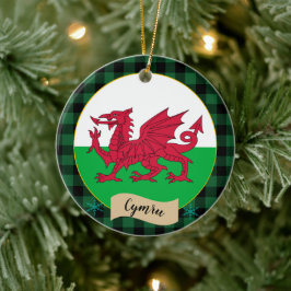 Wales, Grönt buffalo plaid & Welsh Flagga, Cymru Julgransprydnad Keramik
