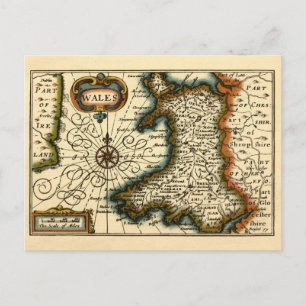 Wales - Historisk gammal antikvarisk brittisk kart Vykort