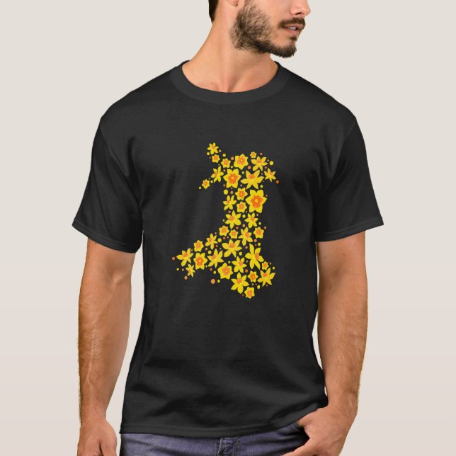 Wales Karta Daffodil Welsh National Flower St Davi T Shirt (Framsida)