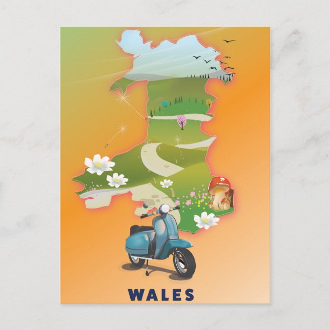 Wales karta vintage reseskylt vykort (Framsida)