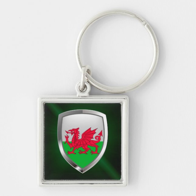 Wales Metallic Emblem Fyrkantig Silverfärgad Nyckelring (Framsidan)