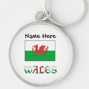 Wales och Wales flagga Personlig Rund Silverfärgad Nyckelring