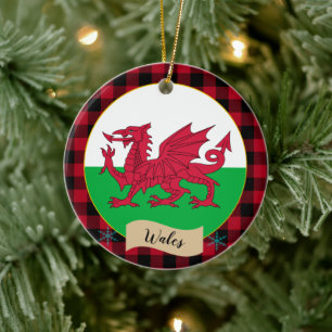 Wales, Red buffalo plaid & Welsh Flagga Julgransprydnad Keramik