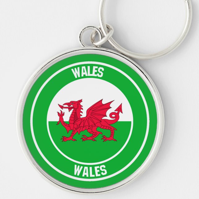 Wales Round Emblem Rund Silverfärgad Nyckelring (Framsidan)