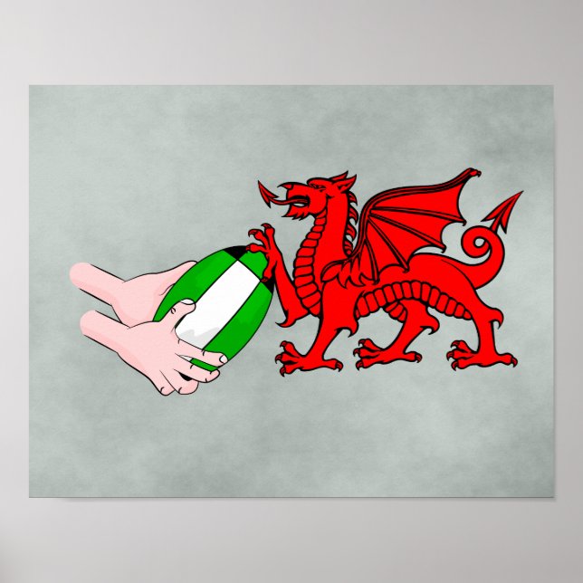 Wales Rugby Team Dragon With Rugby Boll Poster (Framsidan)