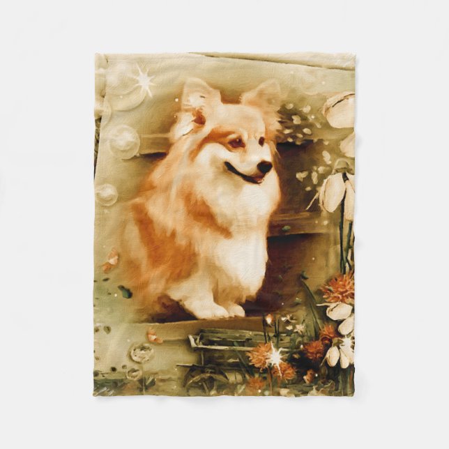Walesisk Corgi i blom- ramullfilt Fleecefilt (Framsidan)