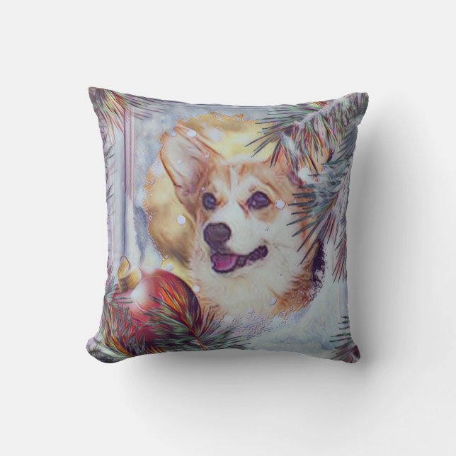 Walesisk Corgi i vinterfönster Kudde (Framsida)